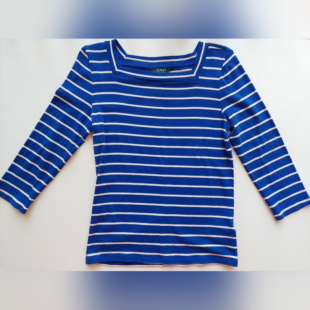 LAUREN Women's Ralph Lauren Blue Striped Square Neck 3/4 Sleeve Shirt Size L